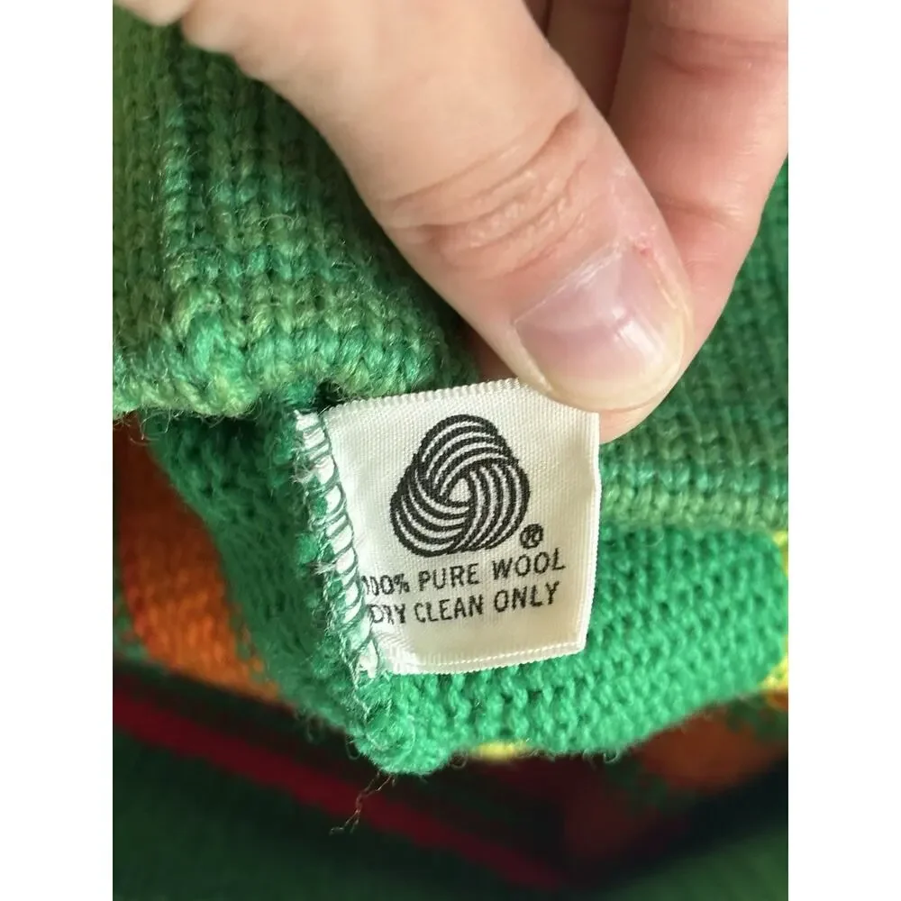 Vintage 100% Pure Wool Striped Ski Hat Beanie Green Orange Red Retro Knit Cap
